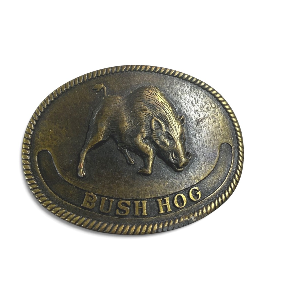 Vintage Bush Hog Belt Buckle Brass Tone Wild Boar Farming USA Made Oval Western